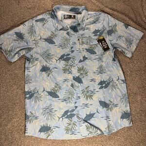 NWT Salty Crew Men’s Feeding Frenzy UV Woven Button Up Blue Size Large